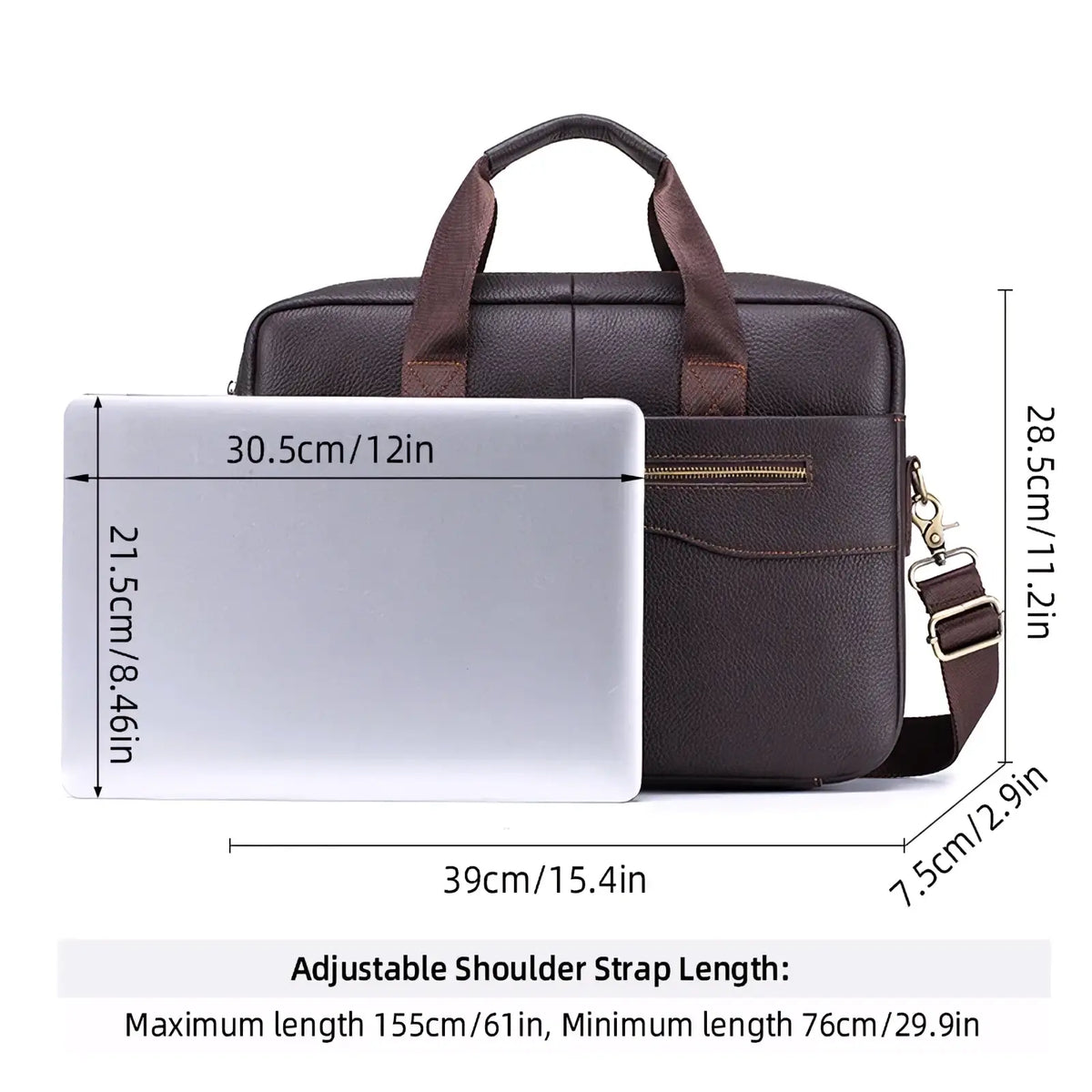 Men leather briefcase laptop bag in dark brown leather with adjustable shoulder strap and gold-tone zipper