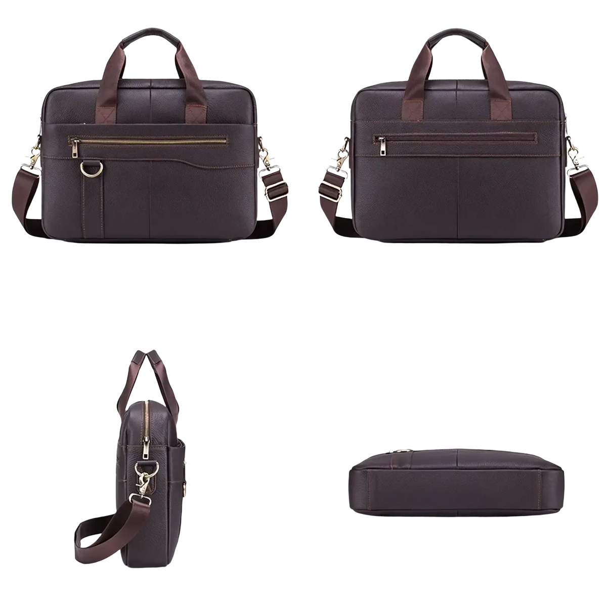 Men leather briefcase laptop bag in dark brown leather with matching handles, adjustable shoulder strap, and gold-tone hardware