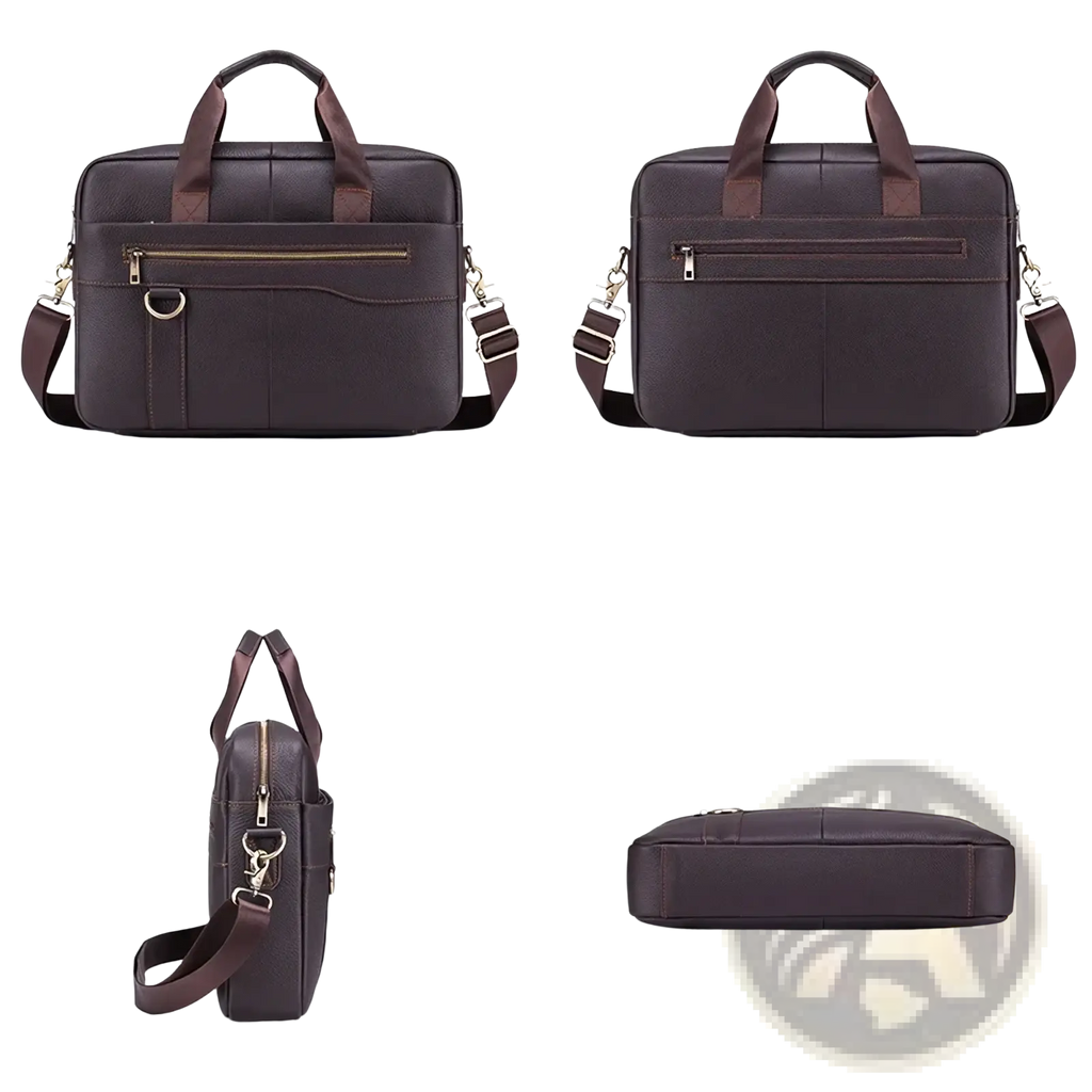 Men leather briefcase laptop bag in dark brown leather with matching handles, adjustable shoulder strap, and gold-tone hardware