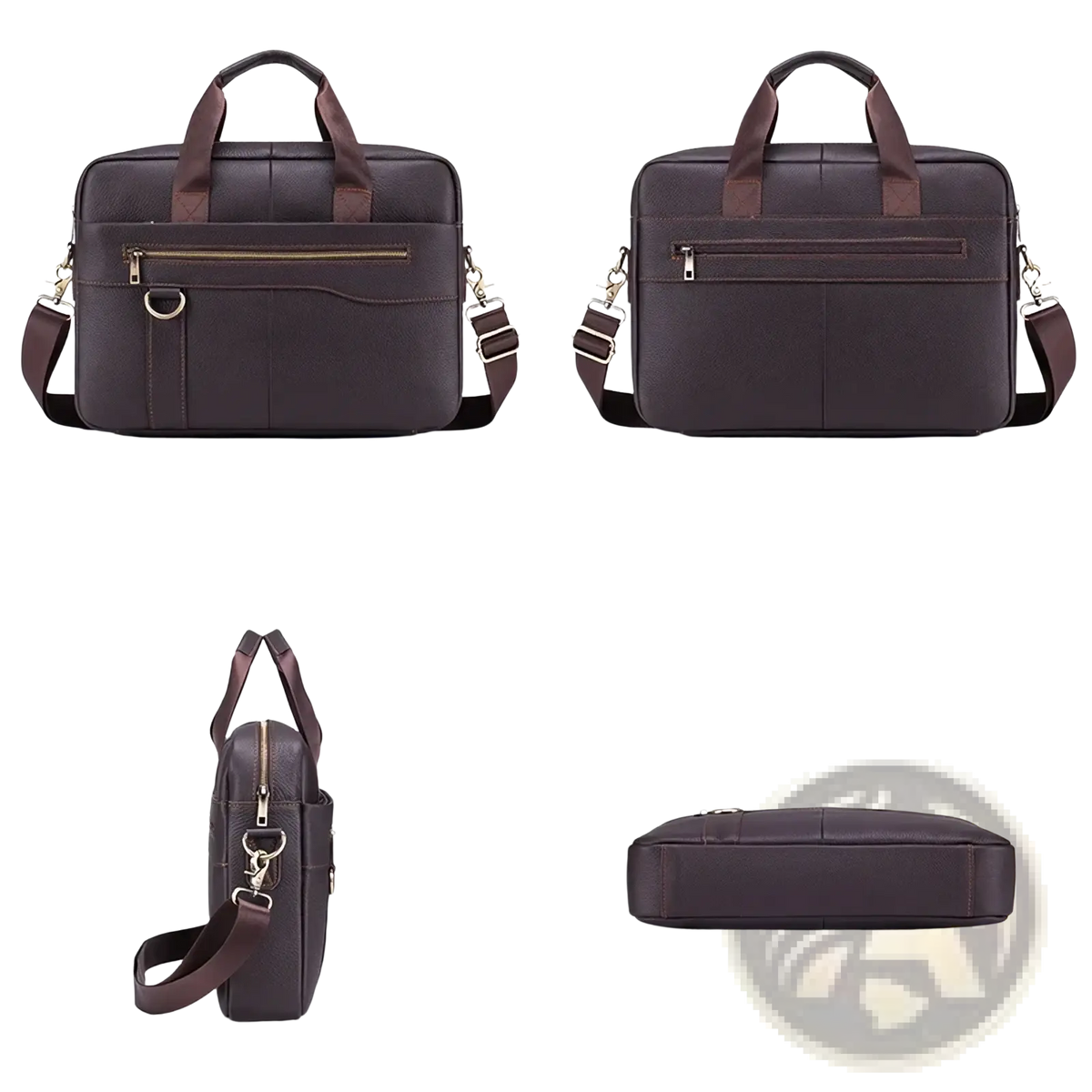 Men leather briefcase laptop bag in dark brown leather with matching handles, adjustable shoulder strap, and gold-tone hardware