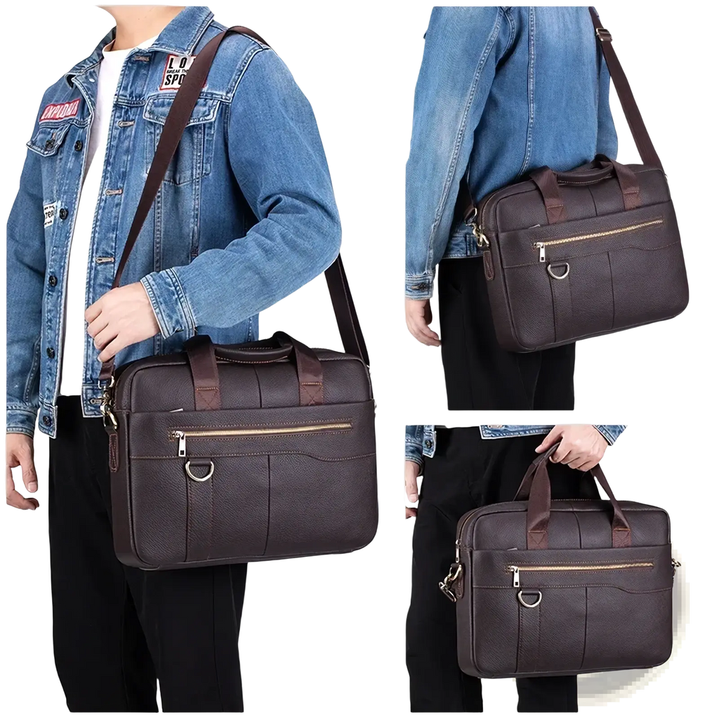 Dark brown leather men briefcase laptop bag with textured surface gold-tone zippers and metal hardware