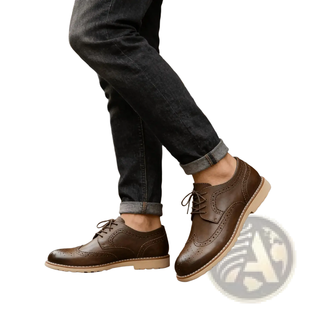 Men leather brogue dress shoes in brown leather with tan soles ideal for formal and office wear