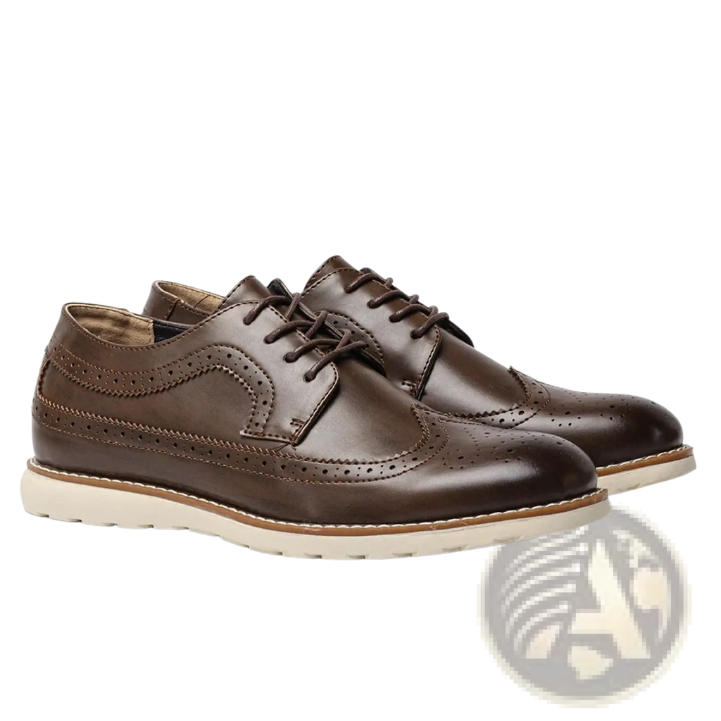 Men leather brogue dress shoes in brown with perforated detailing and a contrasting white rubber sole