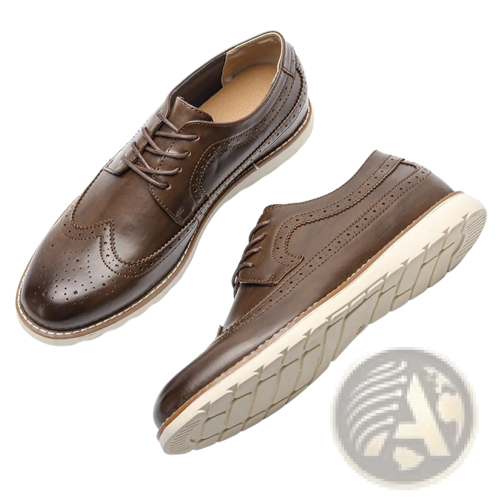 Men leather brogue dress shoes in brown leather with perforated detailing and contrasting white rubber sole