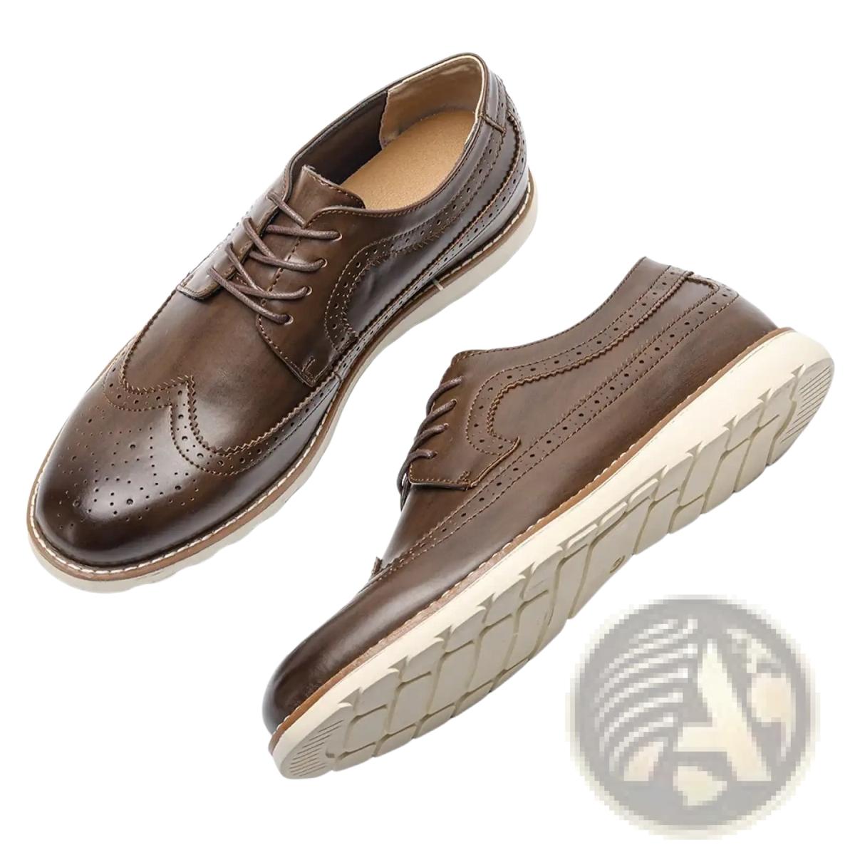 Men leather brogue dress shoes in brown leather with perforated detailing and contrasting white rubber sole
