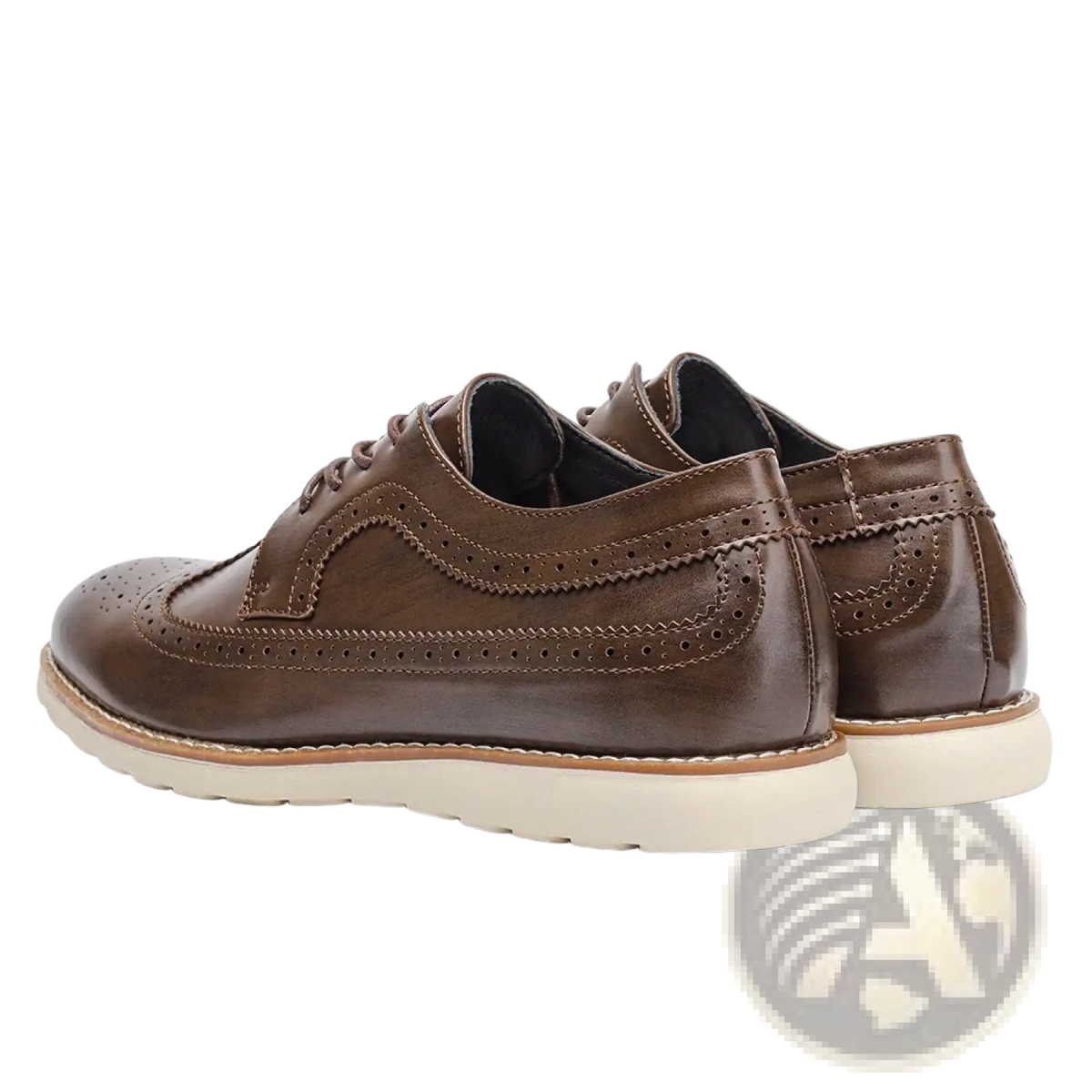 Men leather brogue dress shoes in brown leather with perforated detailing and a cream-colored rubber sole