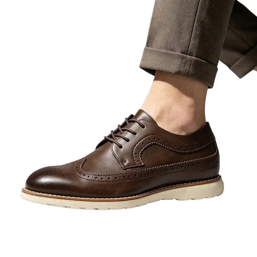 Men leather brogue dress shoes in brown leather with perforated detailing and cream rubber sole