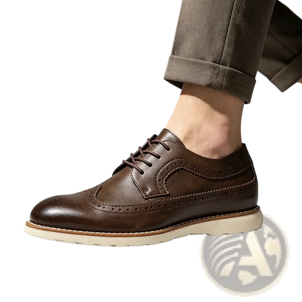 Men leather brogue dress shoes in brown leather with perforated detailing and cream rubber sole