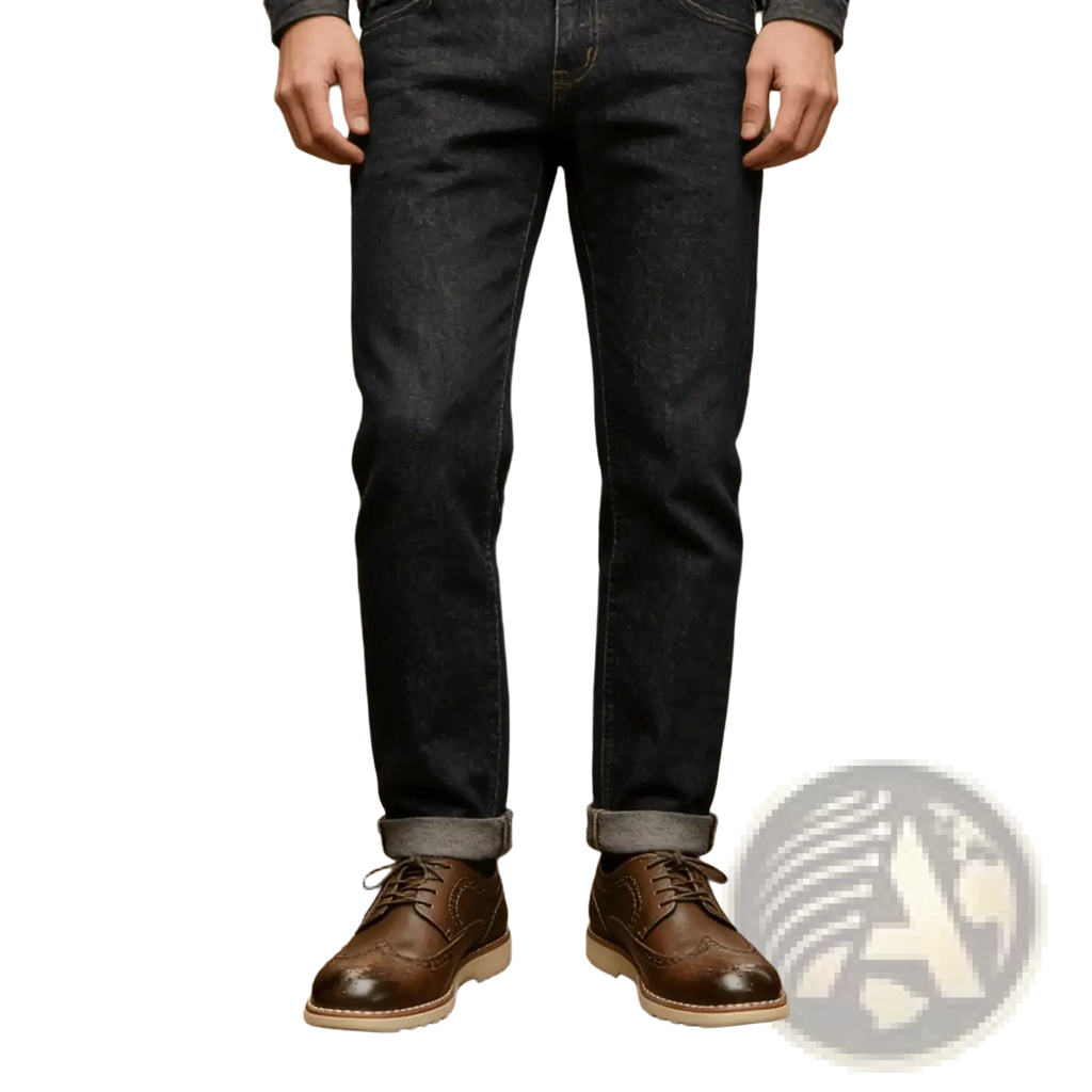 Men leather brogue dress shoes in brown leather paired with dark indigo straight-leg denim jeans with rolled cuffs