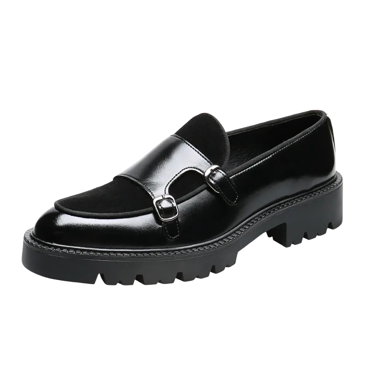 Black patent leather men buckle loafers with two buckle straps and chunky textured sole for British business use