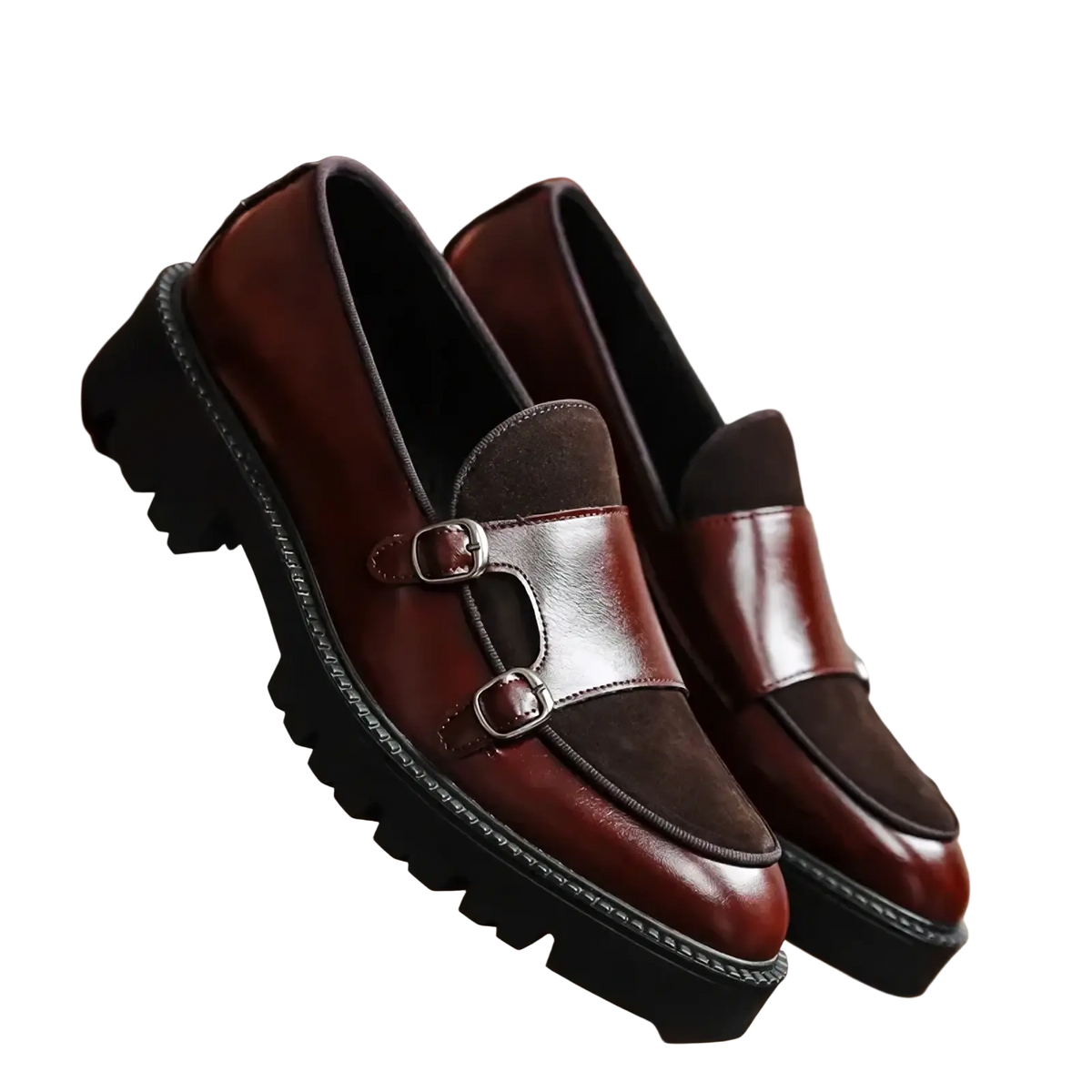Brown leather men buckle loafers with two-strap buckle design and contrasting suede accents for British business use