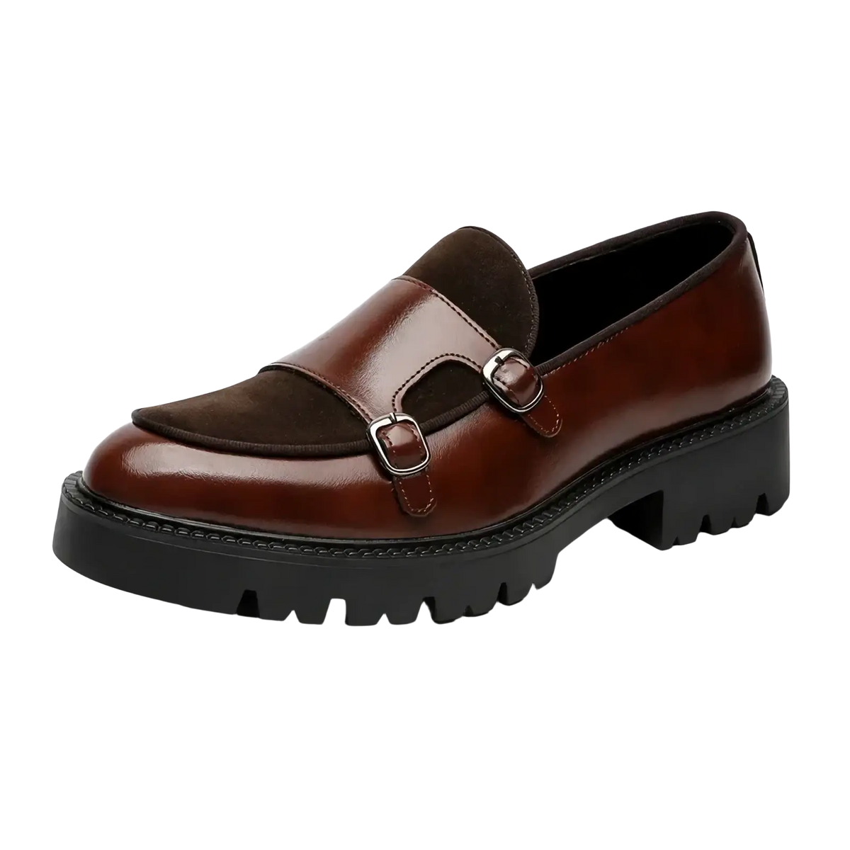 Men leather buckle loafers in brown leather with dark brown suede panel and silver buckles on black sole for business