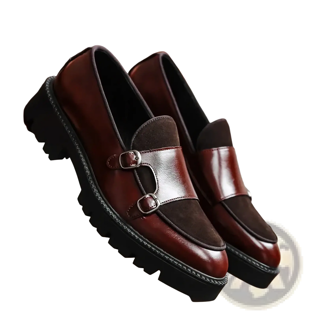 Brown leather men buckle loafers with two-strap buckle design and contrasting suede accents for British business use