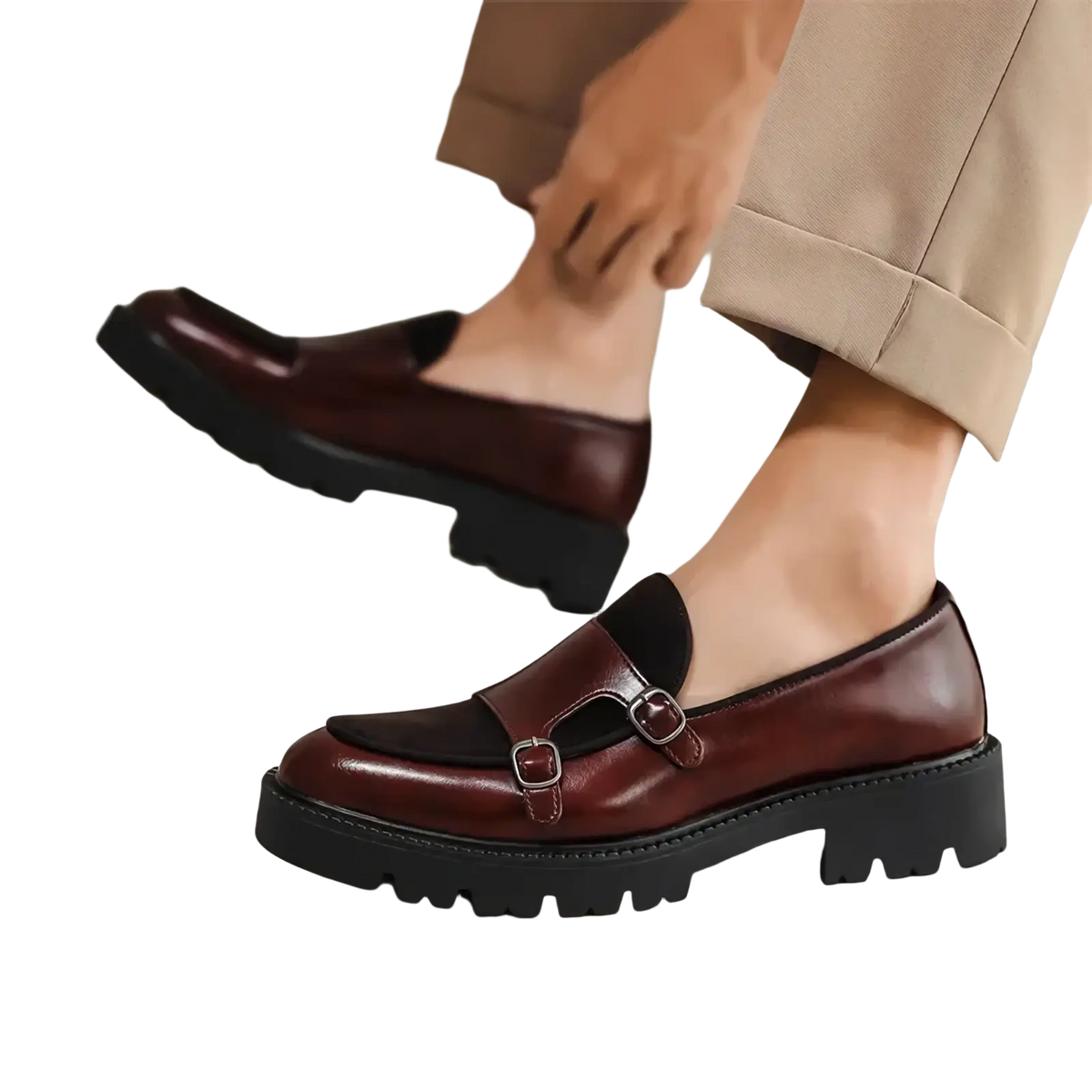 Burgundy leather men buckle loafers with black rubber soles and dual buckle detailing for British business shoes