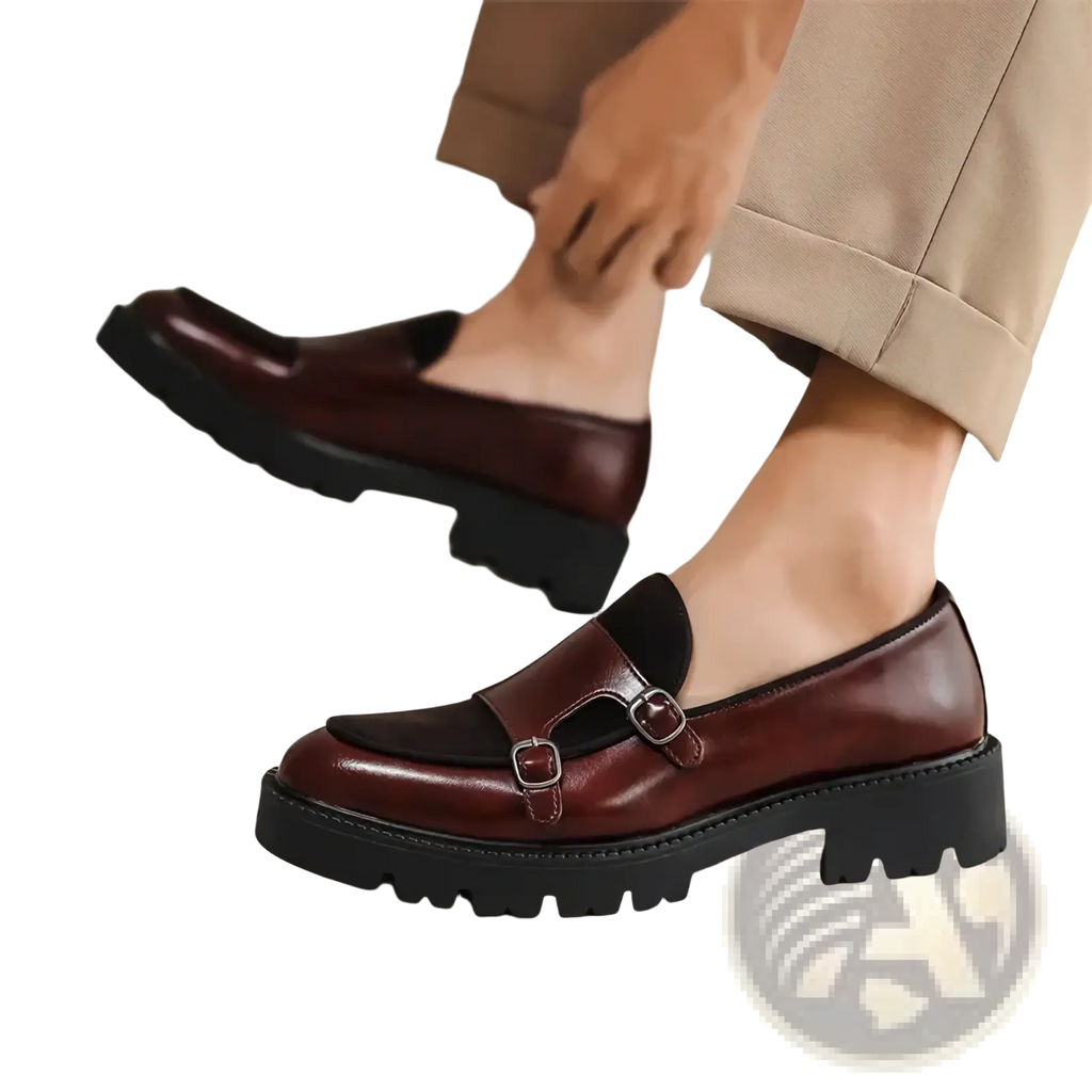Burgundy leather men buckle loafers with black rubber soles and dual buckle detailing for British business shoes