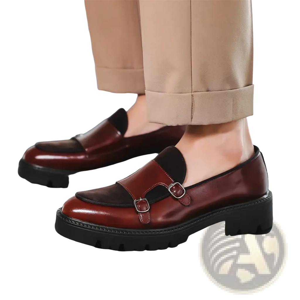 Men leather buckle loafers in burgundy and black two-tone leather with silver buckles for British business use