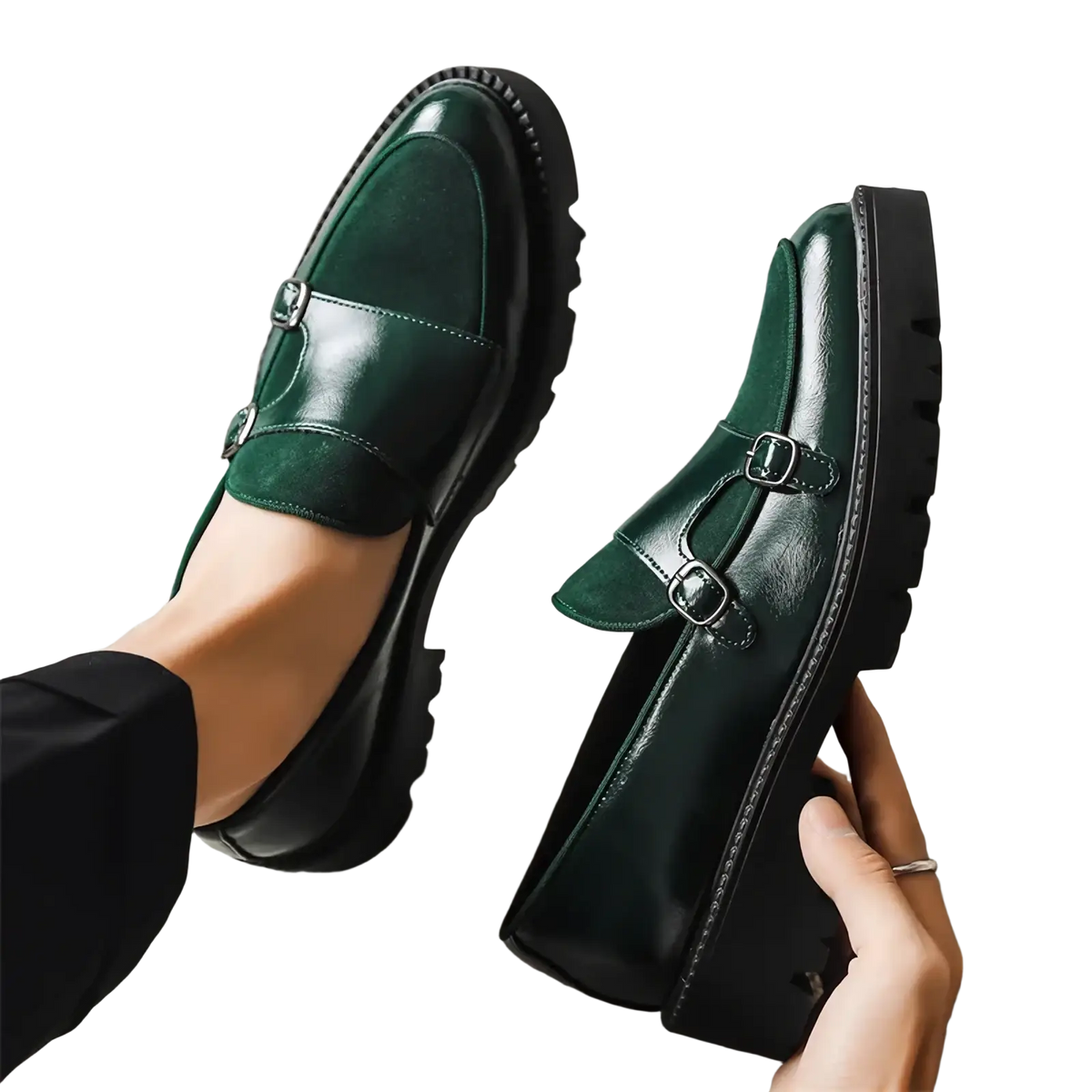 Dark green leather men buckle loafers with glossy finish and two silver buckle straps for British business shoes