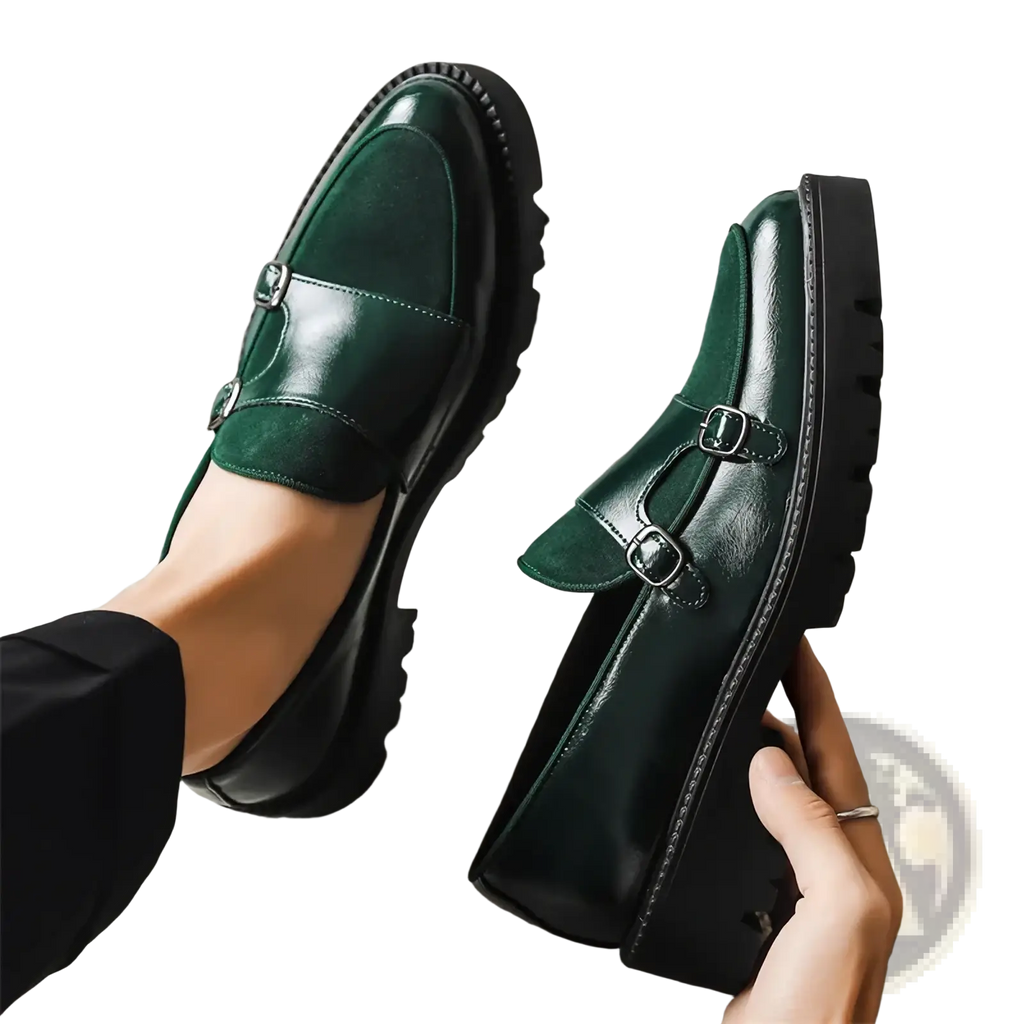 Dark green leather men buckle loafers with glossy finish and two silver buckle straps for British business shoes