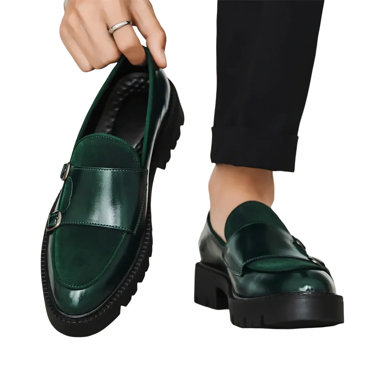 Deep green leather buckle loafers with glossy finish and black chunky soles for british business shoes