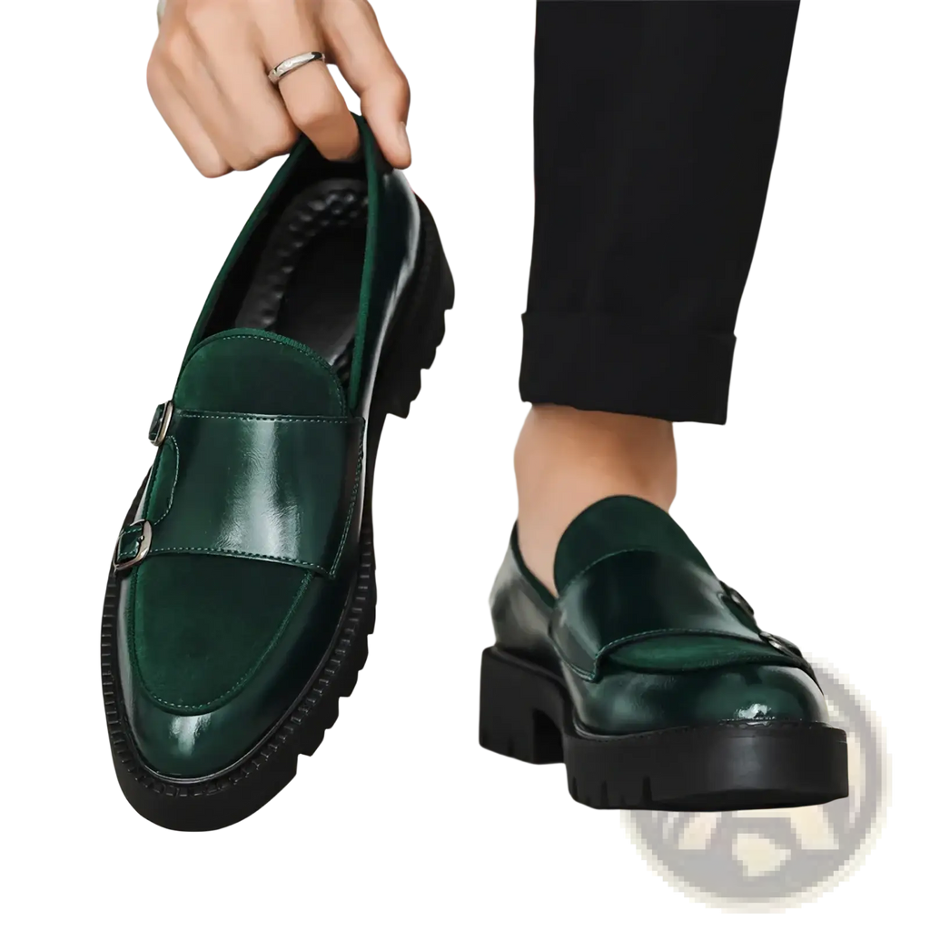 Deep green leather buckle loafers with glossy finish and black chunky soles for british business shoes
