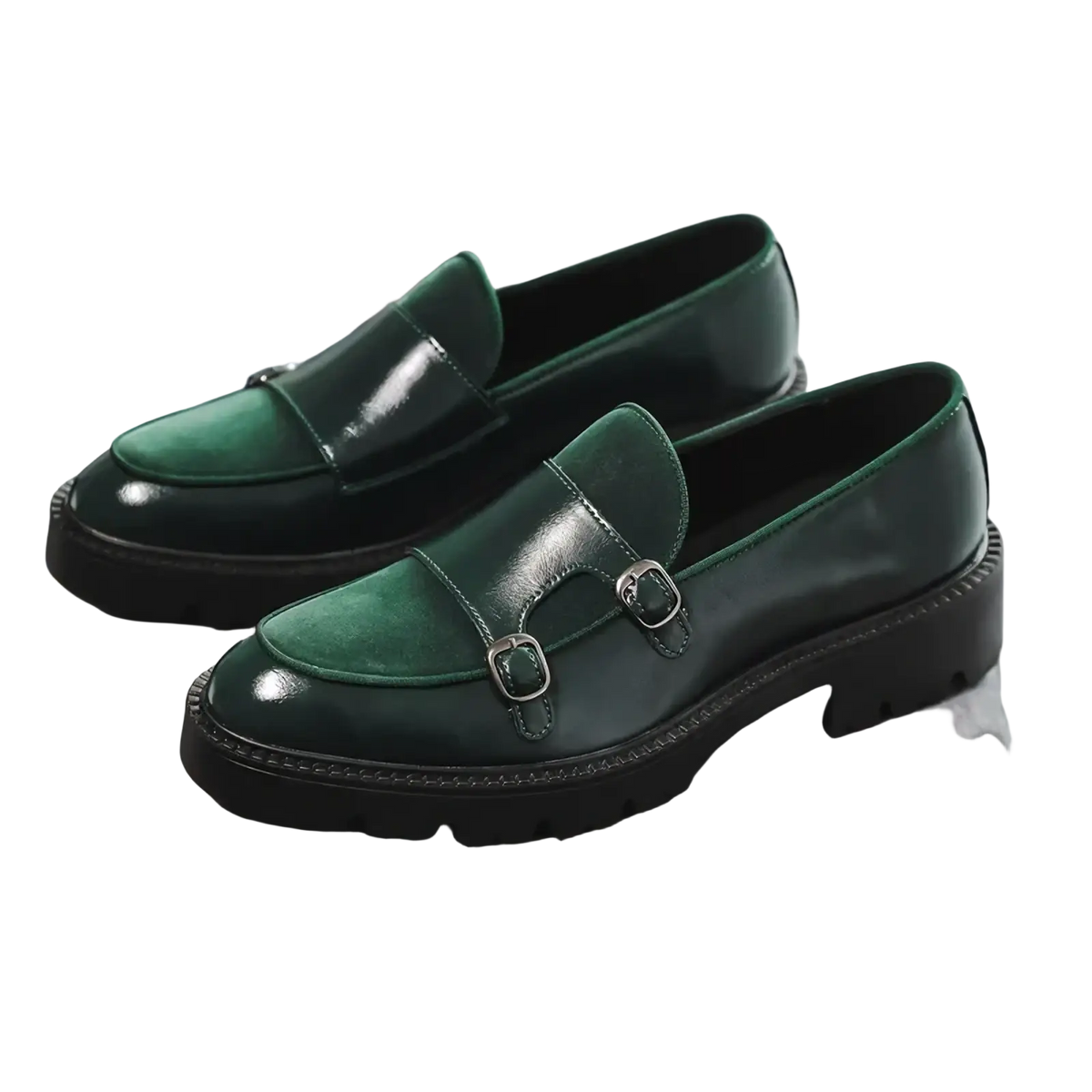 Men leather buckle loafers in deep green patent leather with glossy finish and silver-toned double buckles for business use