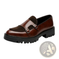 Men leather buckle loafers in brown leather with dark brown suede panel and silver buckles on black sole for business