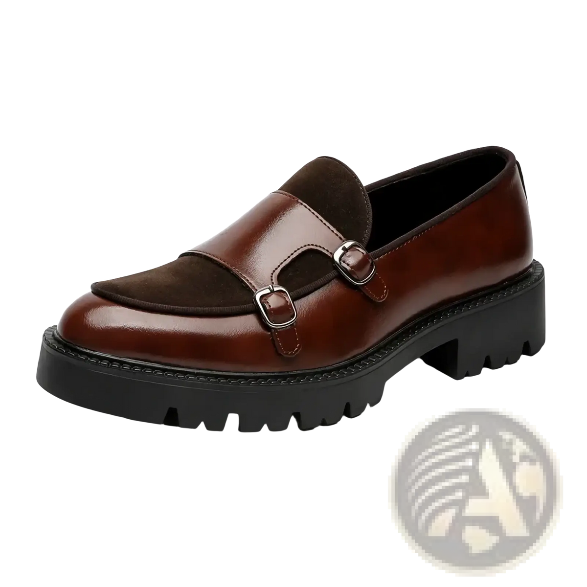Men leather buckle loafers in brown leather with dark brown suede panel and silver buckles on black sole for business