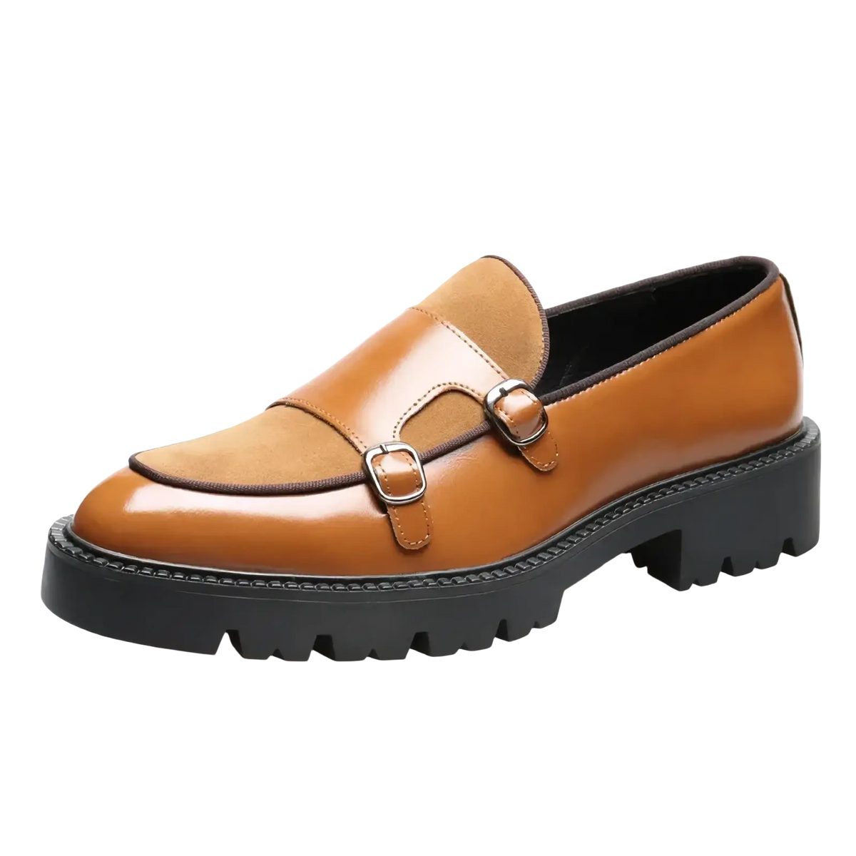 Men leather buckle loafers in tan leather with double straps and chunky black rubber sole for British business shoes