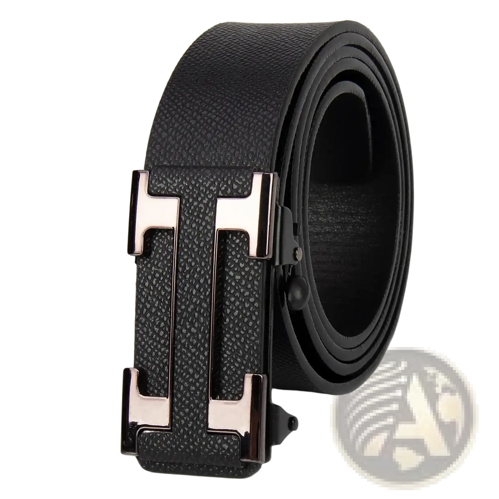 Men leather business belt with black textured leather and sleek metallic h-shaped buckle for formal wear