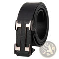 Men leather business belt with black textured leather and sleek metallic h-shaped buckle for formal wear
