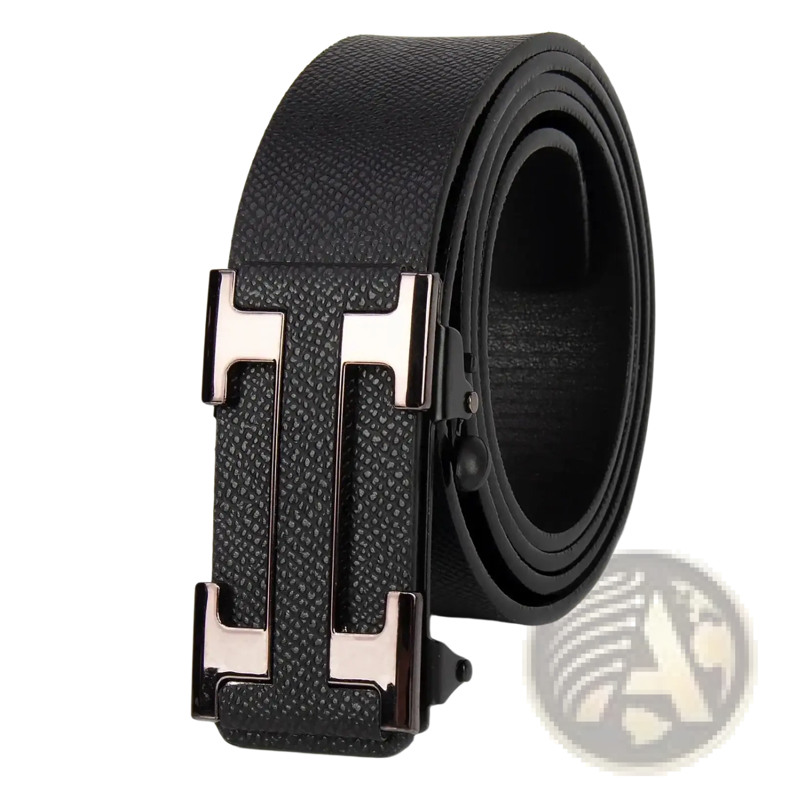 Men leather business belt with black textured leather and sleek metallic h-shaped buckle for formal wear