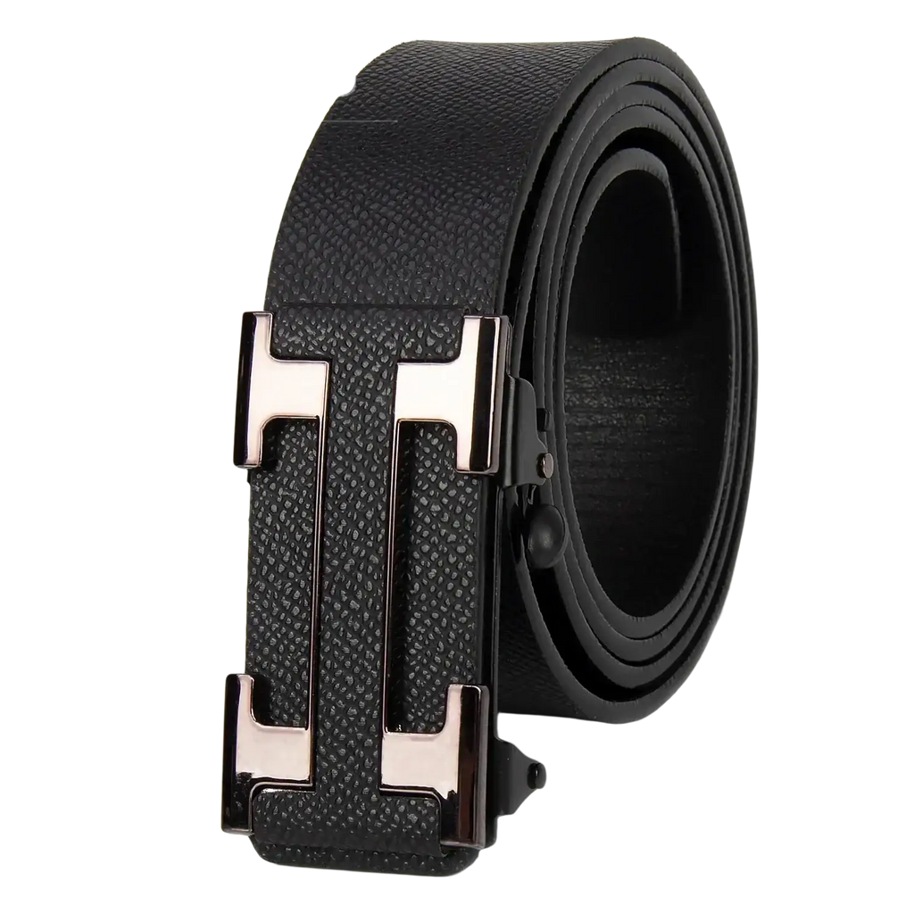 Men leather business belt in black textured leather with a sleek silver h buckle featuring leons logo