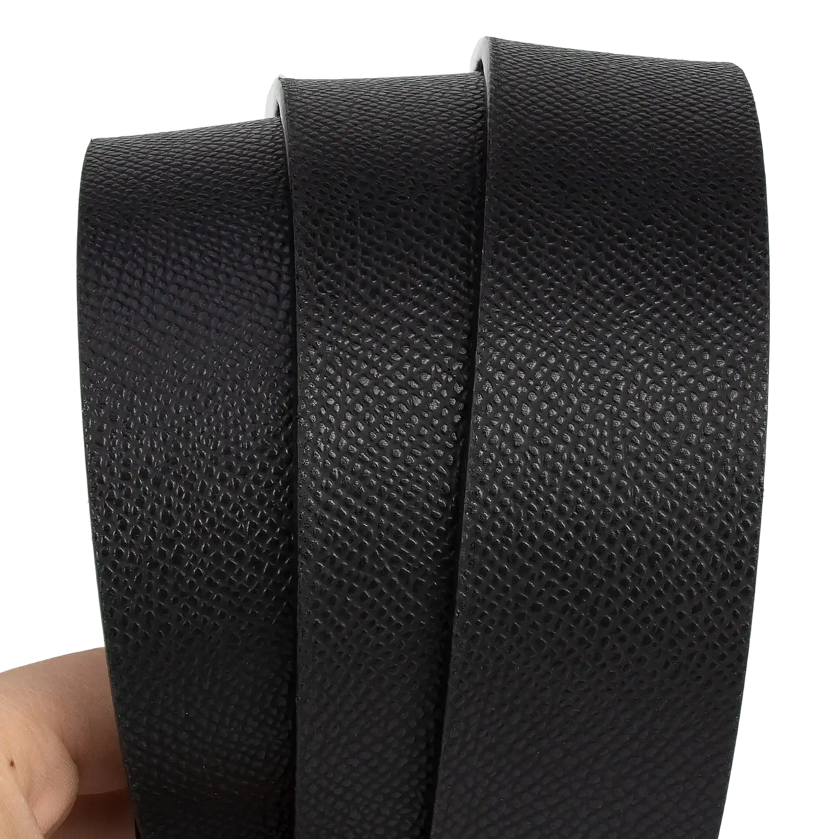 Black textured leather men business belt strap with pebbled grain finish and h buckle visible in the image