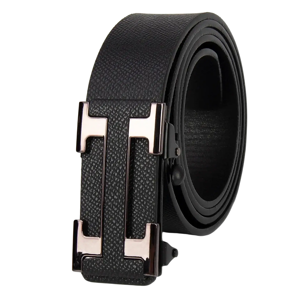 Men leather business belt with black textured leather and sleek metallic h-shaped buckle for formal wear