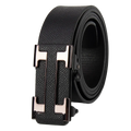 Men leather business belt with black textured leather and sleek metallic h-shaped buckle for formal wear