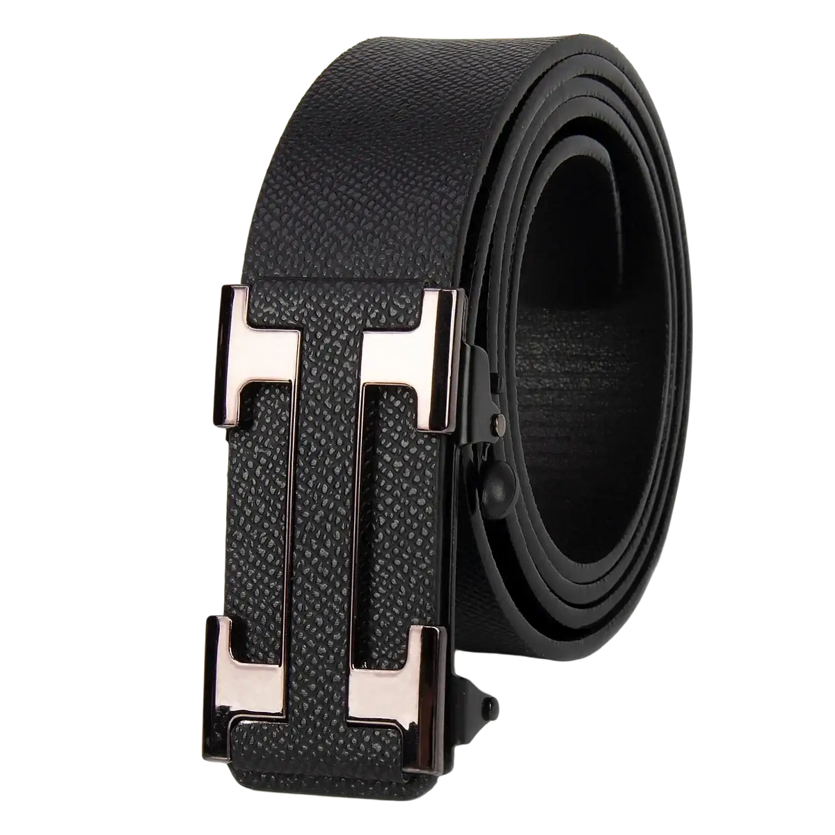 Men leather business belt with black textured leather and sleek metallic h-shaped buckle for formal wear