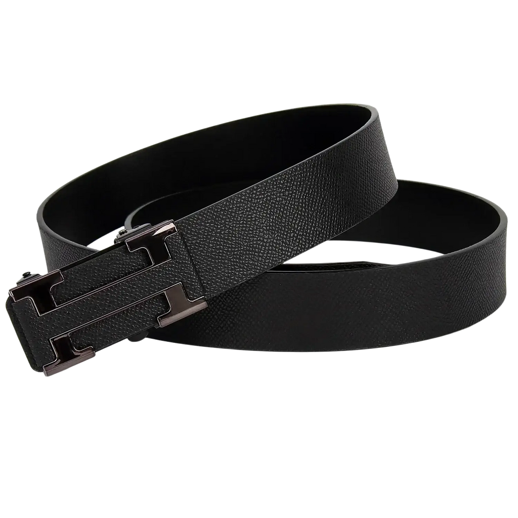 Men leather business belt in black textured leather with a sleek metallic h-shaped buckle for formal use