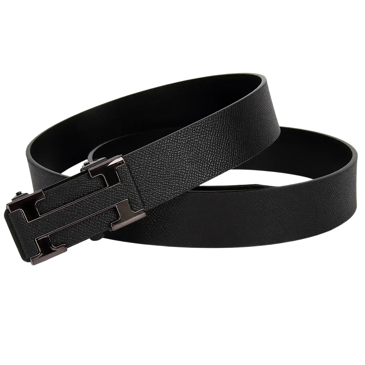 Men leather business belt in black textured leather with a sleek metallic h-shaped buckle for formal use