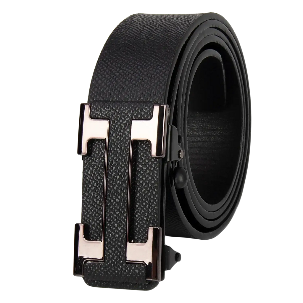 Black textured leather men business belt with sleek metallic h-shaped buckle for formal wear