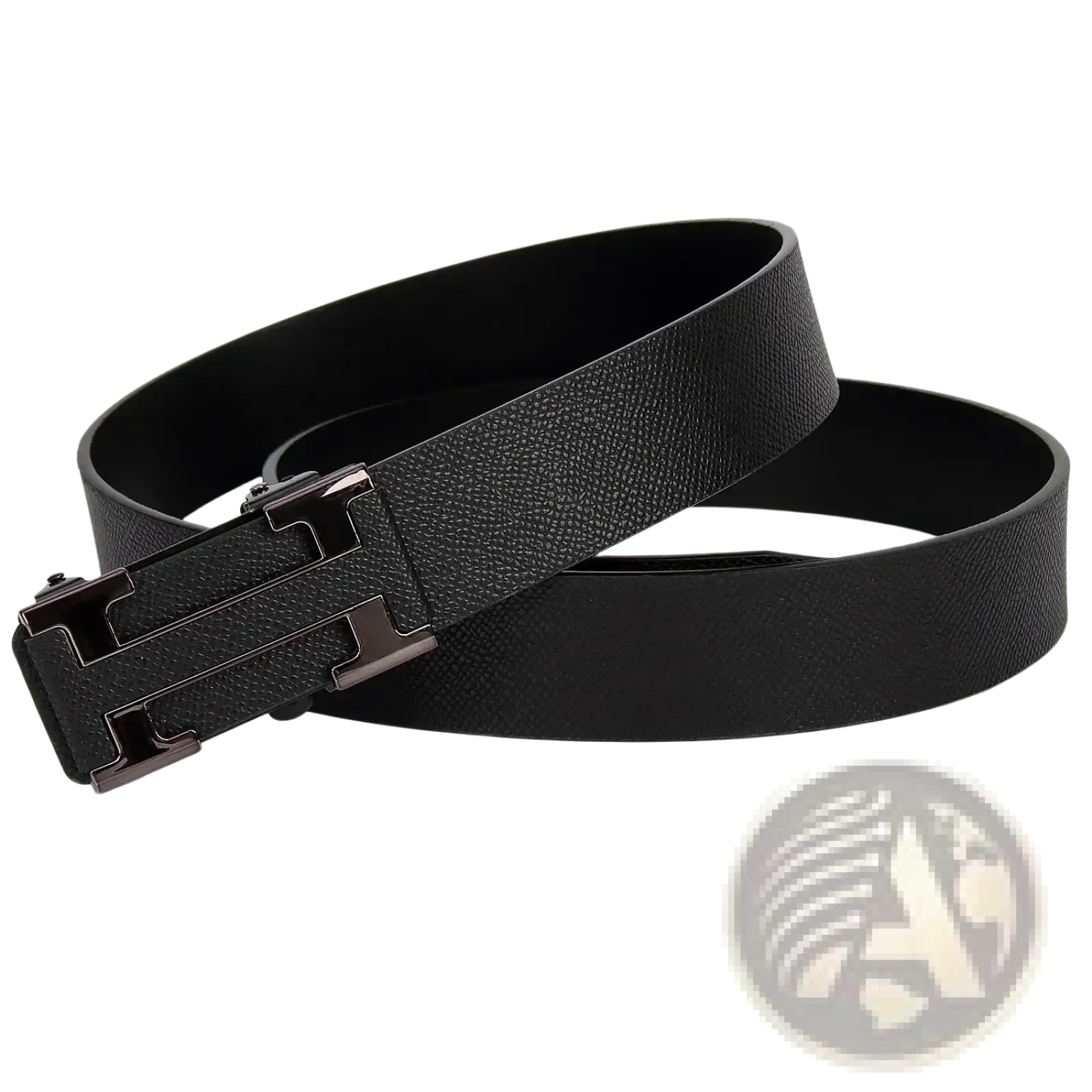Men leather business belt in black textured leather with a sleek metallic h-shaped buckle for formal use