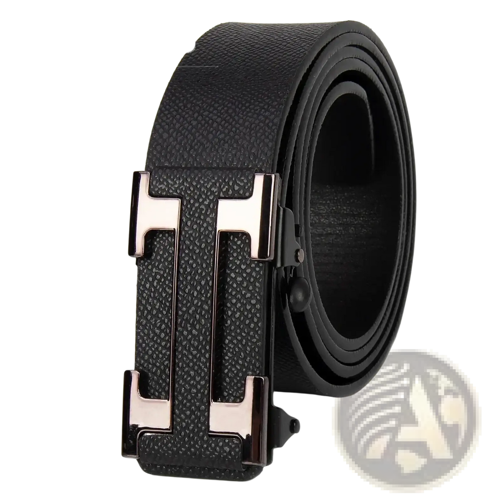 Men leather business belt in black textured leather with sleek silver ton h buckle and leons brand logo