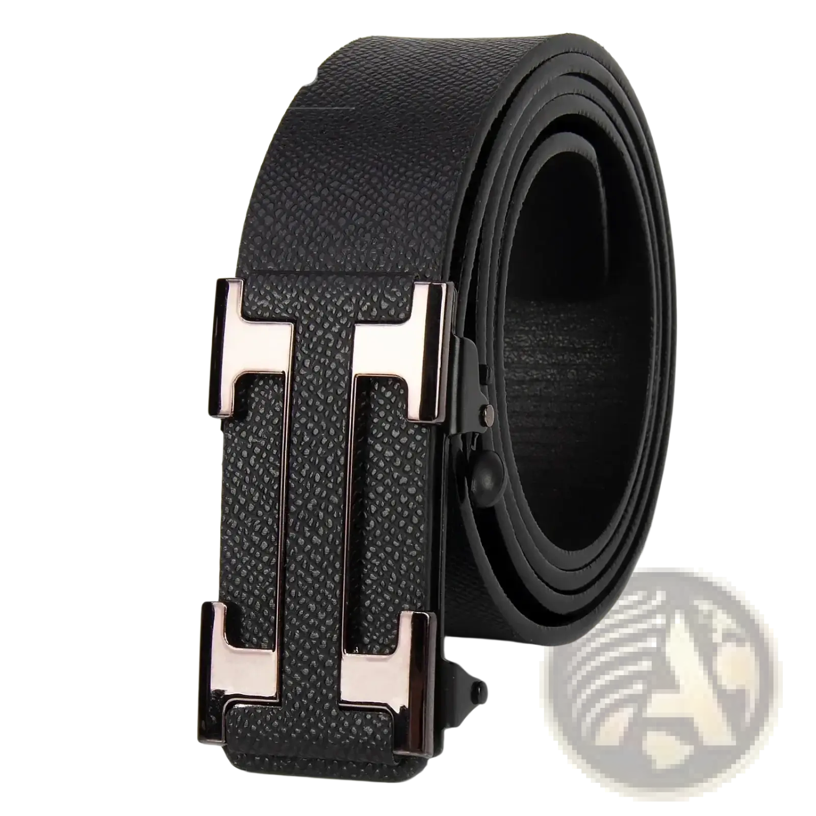 Men leather business belt in black textured leather with sleek silver ton h buckle and leons brand logo