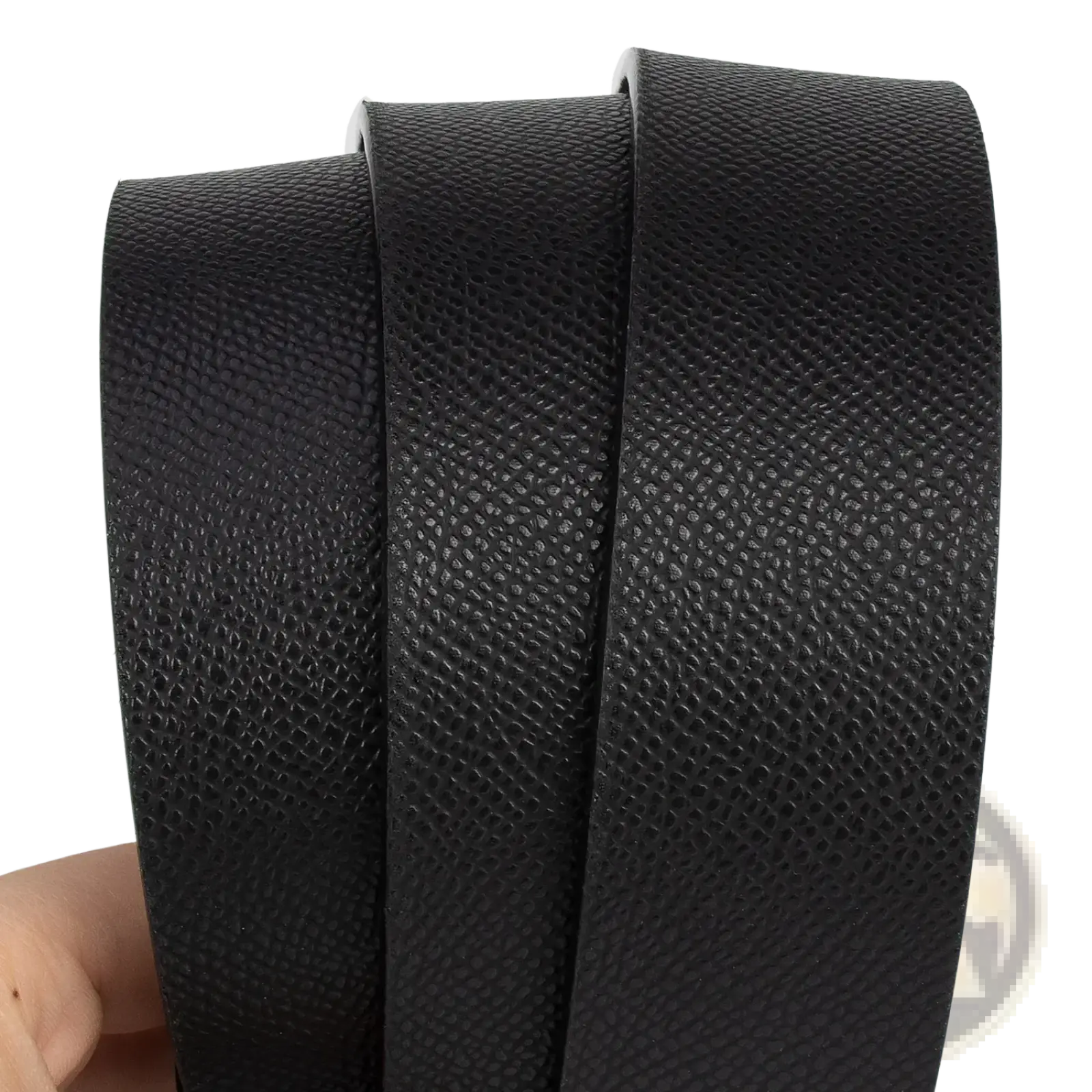 Black textured leather men business belt strap with pebbled grain finish and h buckle visible in the image