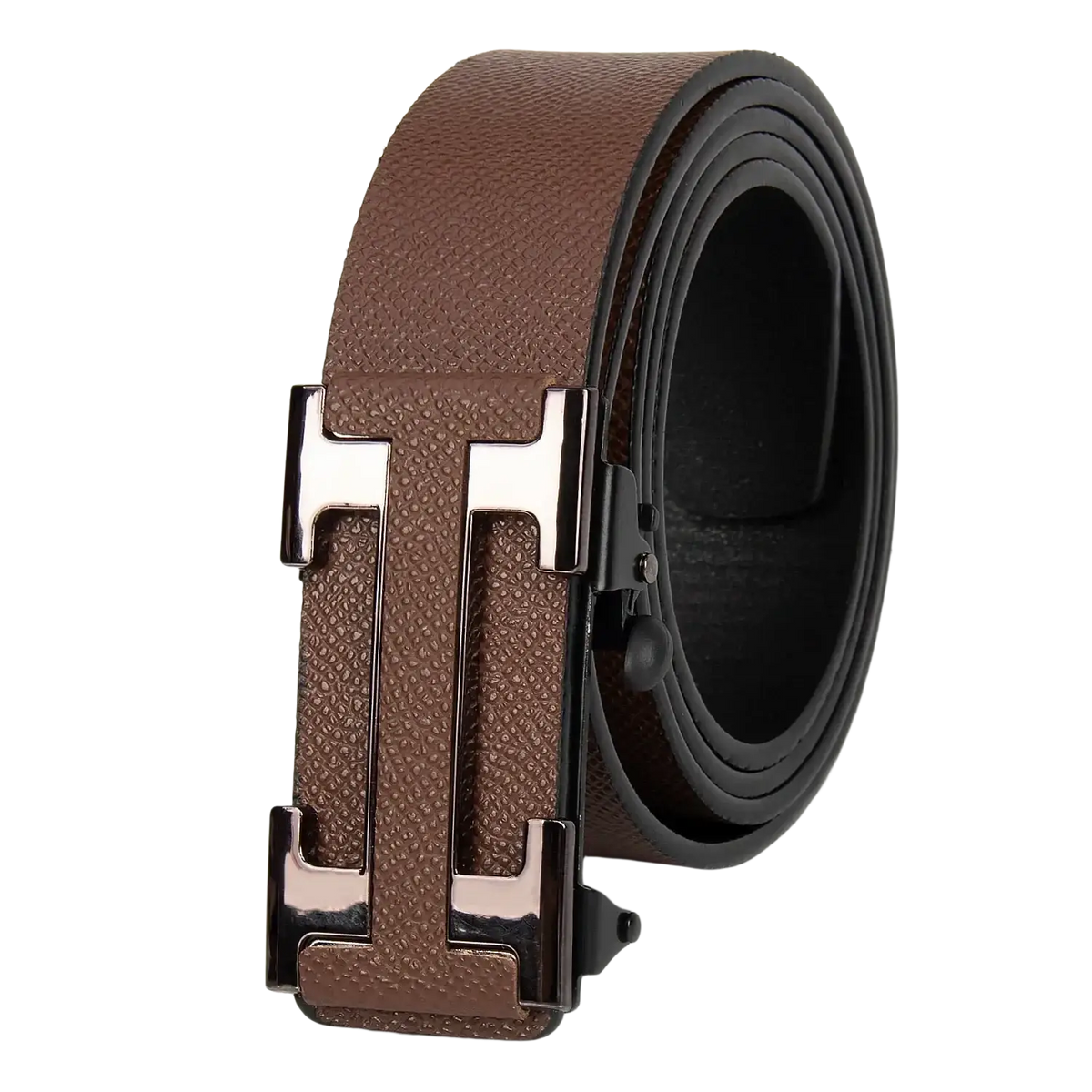 Men leather business belt in brown textured leather with a polished silver-tone h-shaped buckle