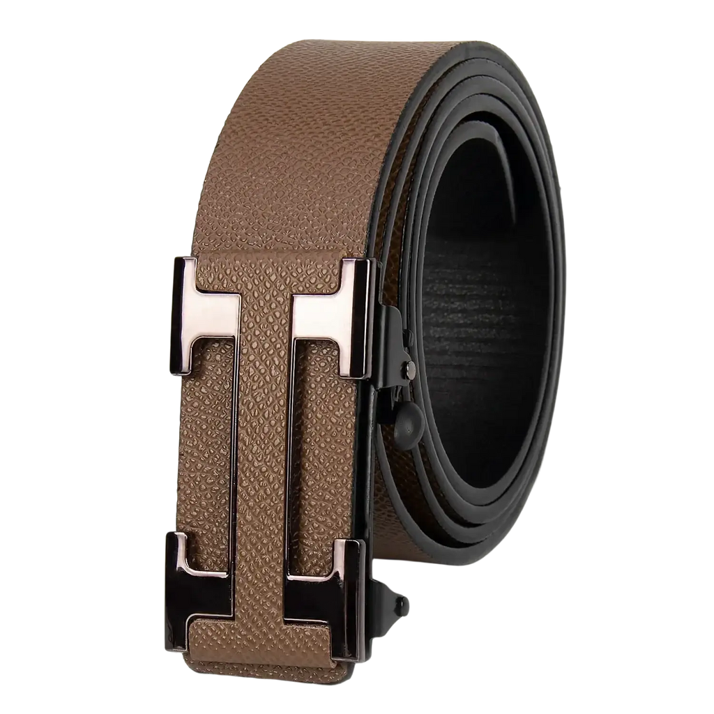 Men leather business belt in brown textured leather with a silver-toned h-shaped buckle for formal use