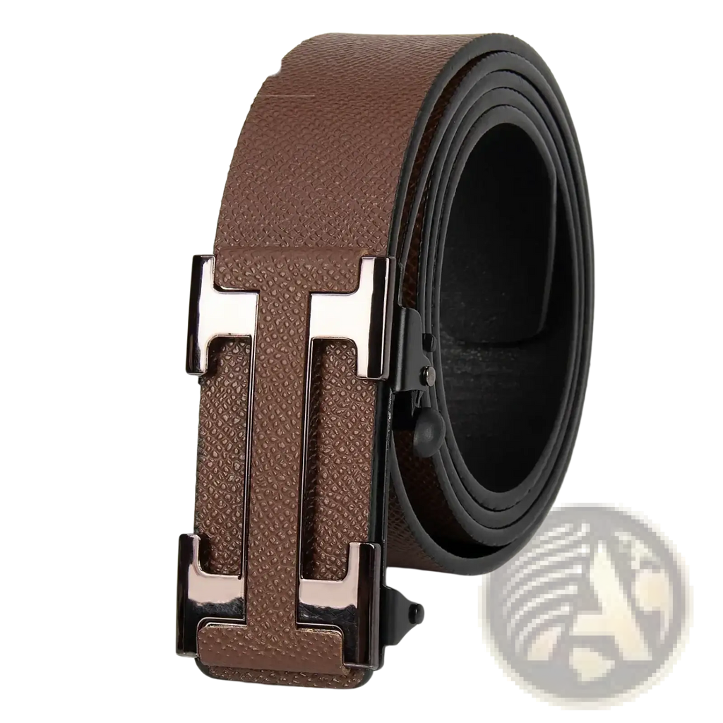 Men leather business belt in brown textured leather with a silver-toned h buckle for formal wear