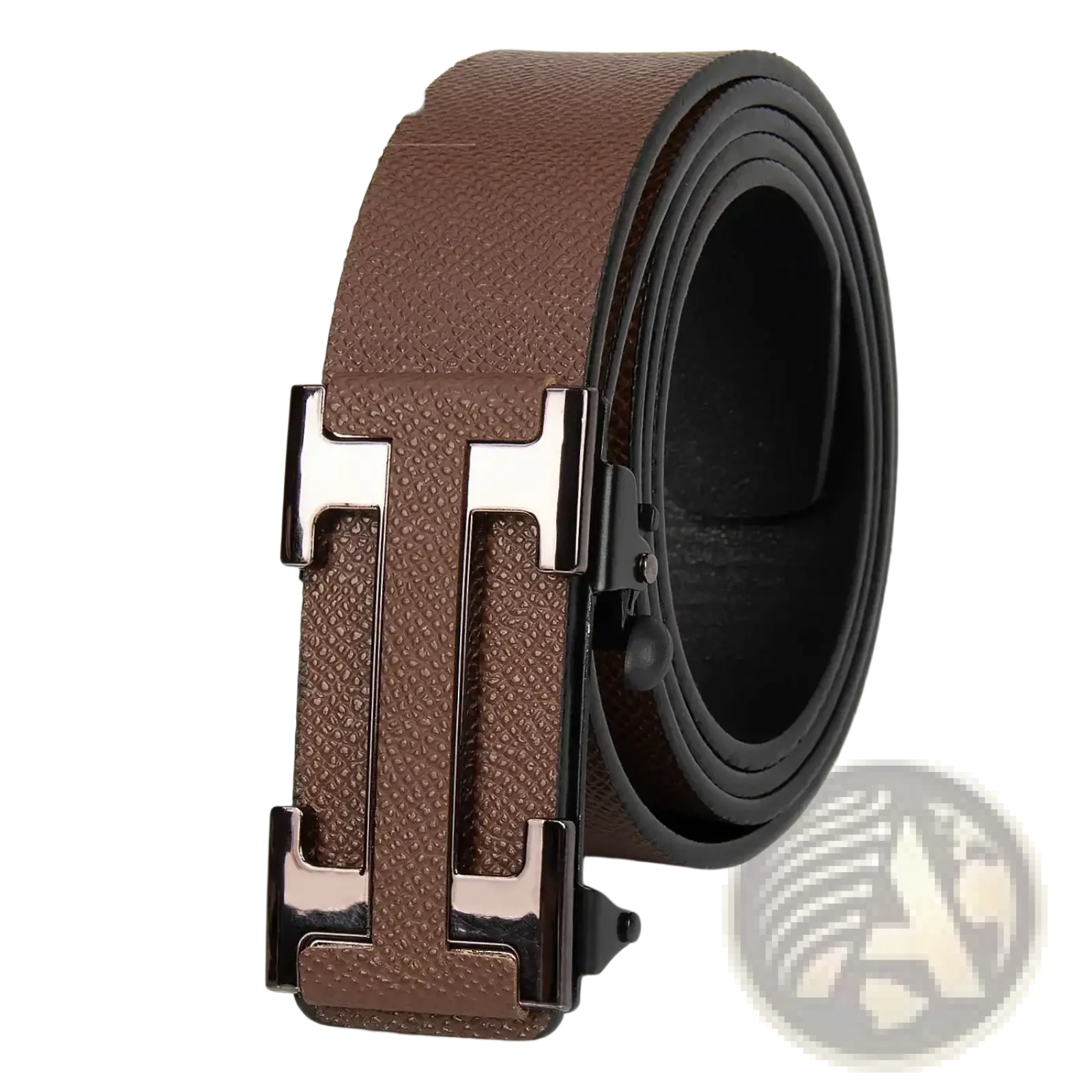 Men leather business belt in brown textured leather with a silver-toned h buckle for formal wear