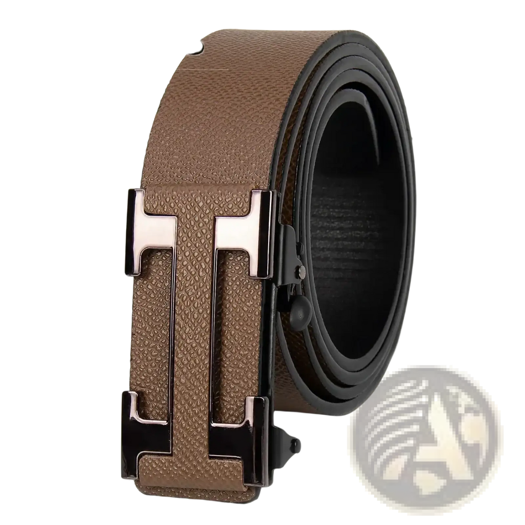 Men leather business belt with brown textured leather and sleek silver-toned h-shaped buckle