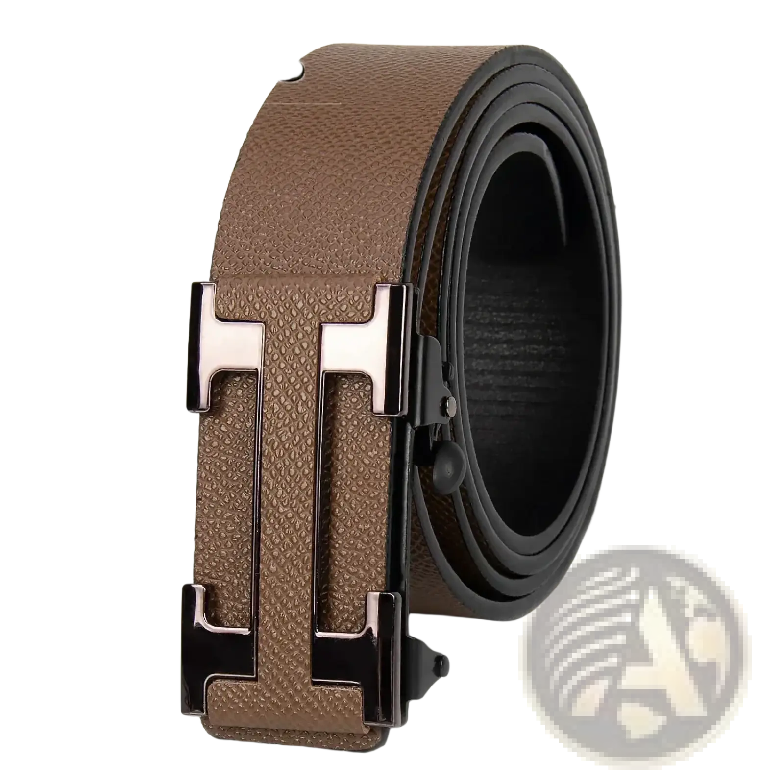 Men leather business belt with brown textured leather and sleek silver-toned h-shaped buckle