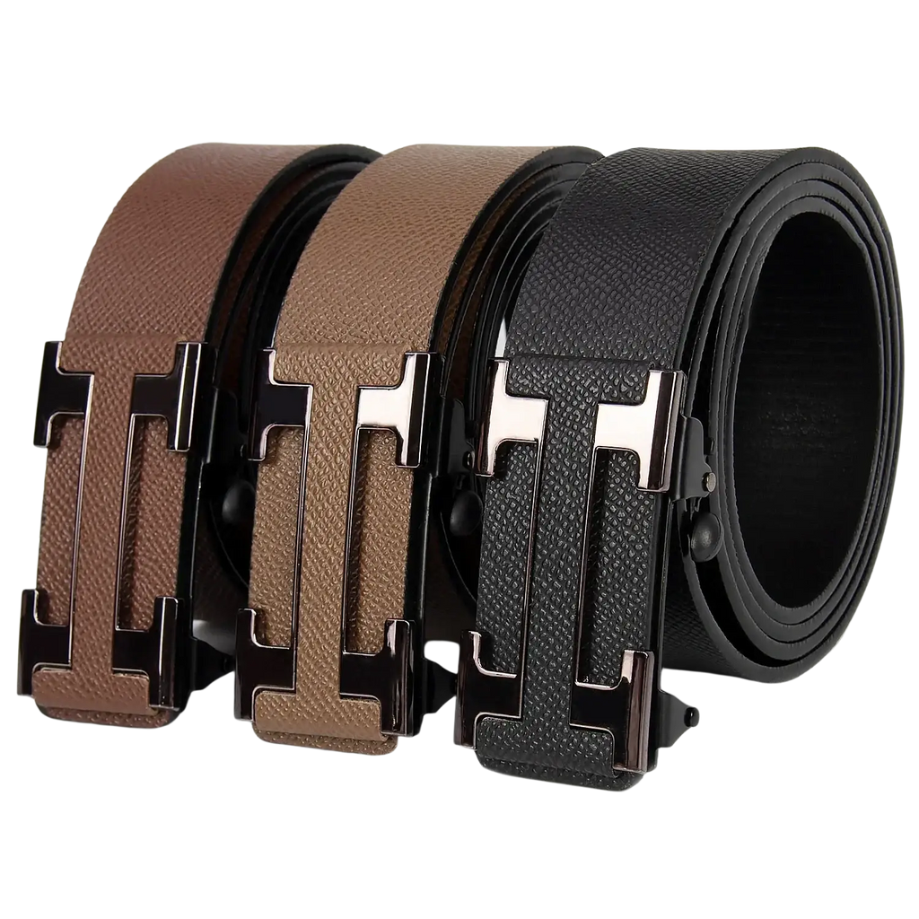 Men leather business belts with h-shaped buckles in brown and black textured leather with metallic hardware